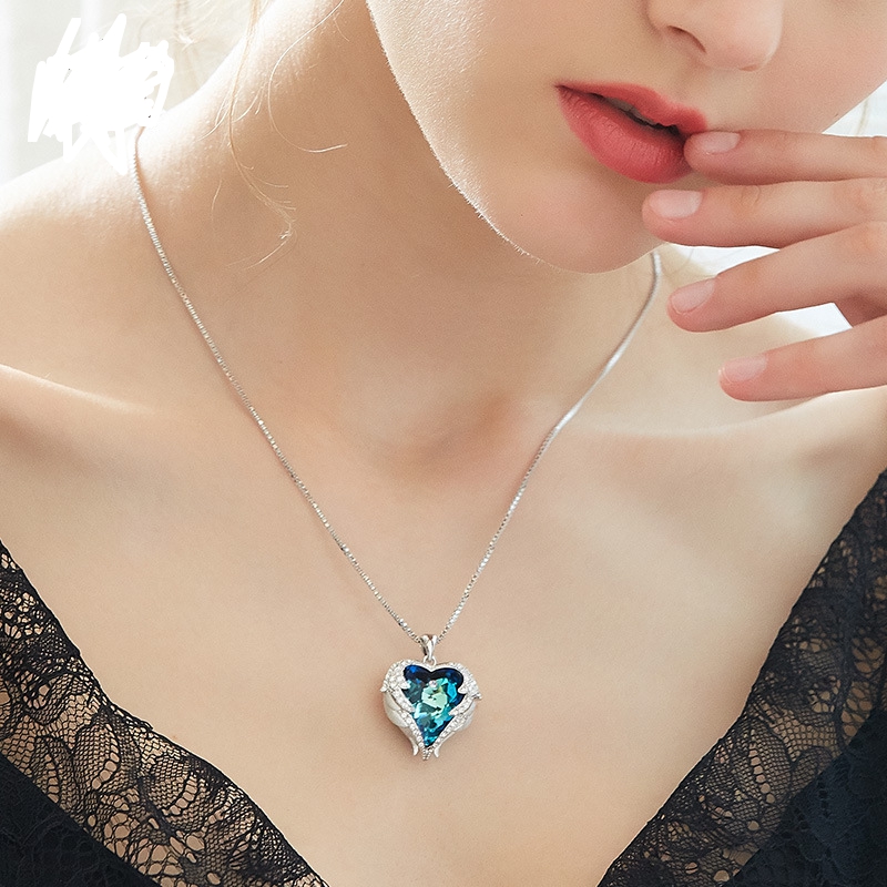 Wholesale- Love Pendant Necklace for women Angel Wings Blue Heart Necklace copper Mothers Day Gift fine jewelry silver plated