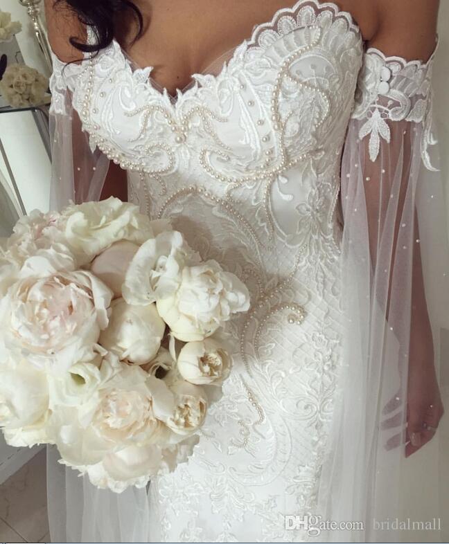 Lace Mermaid Dresses Off Shoulder Long Sleeves Tulle Pearls Applique Court Train Wedding Dress Bridal Gowns vestidos de novia