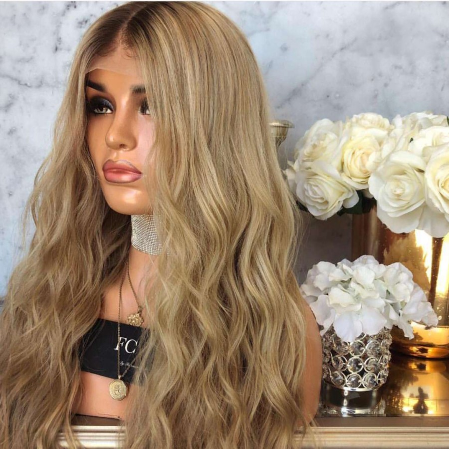 Natural look vintage blonde wig long loose wave wigs Brazilian hair synthetic lace front wig heat resistant Synthetic Hair