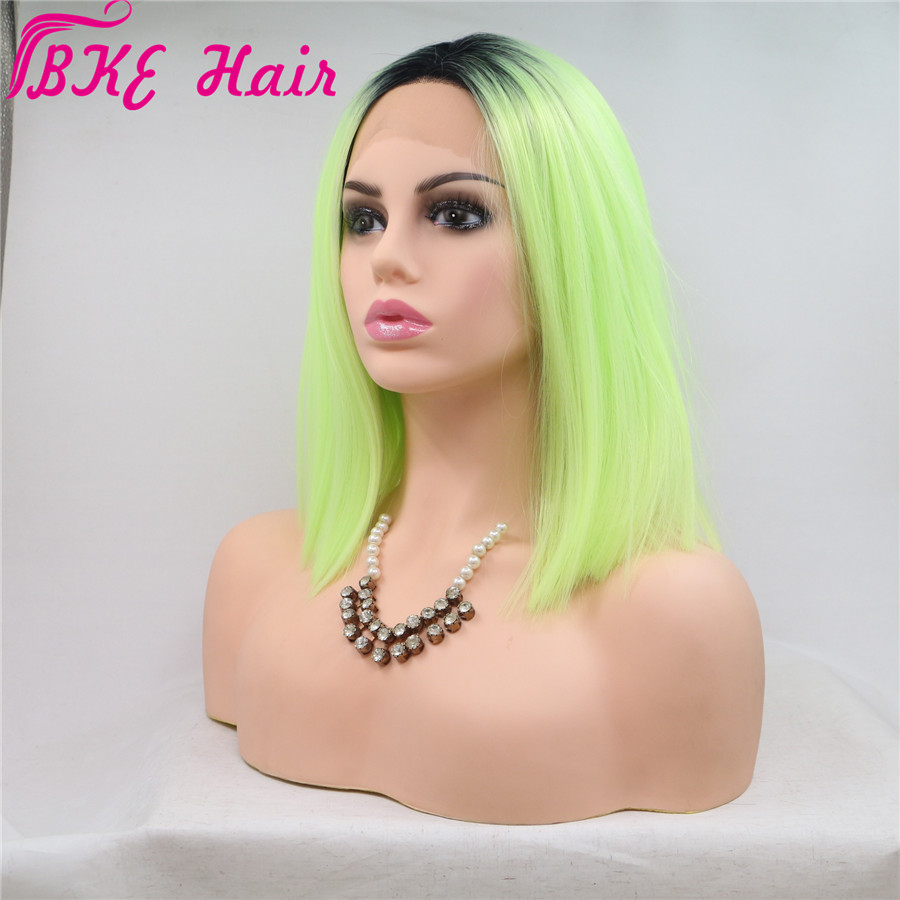 Deep middle part lace frontal Bob Wig Ombre light green color Wigs With Baby Hair short Straight synthetic Lace Front Wig Pre Plucked