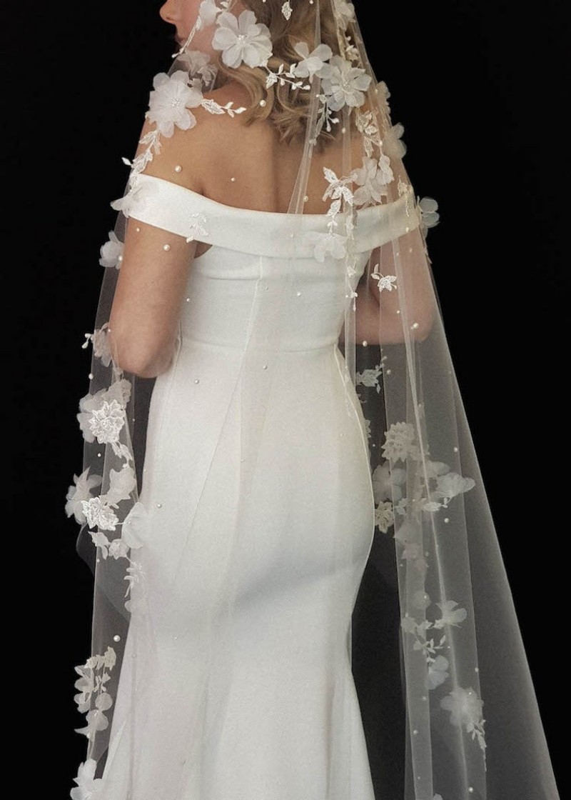 One Layer Pearl Bridal Veils 3D Flower Lace Appliqued Bridal Accessories 3M Simple Veil For Bride Custom Made