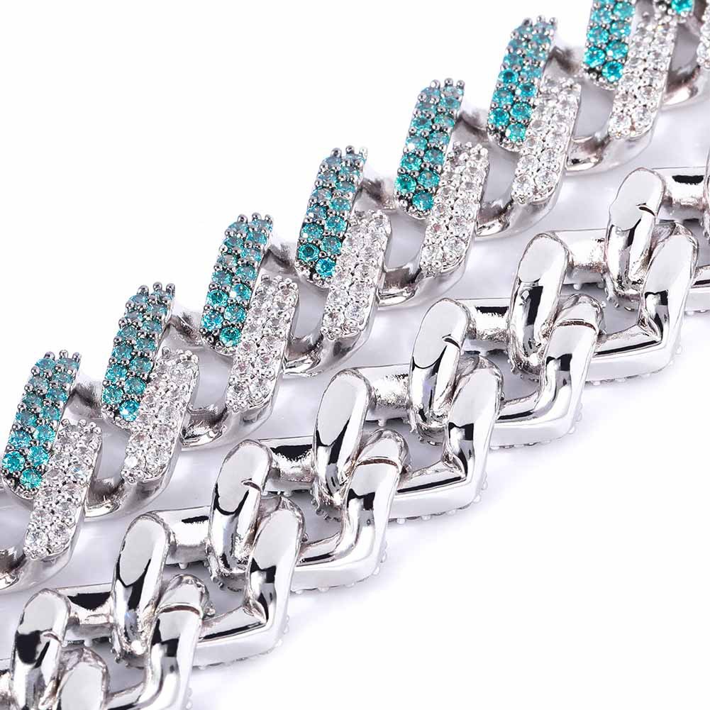 Mint Green Cuba Chain Bracelet Men's Hip Hop Full Diamond Stone Platinum Plated Geometric Shape Bangle