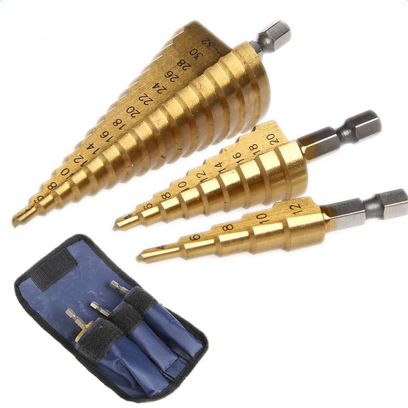 3pc Hss Step Cone Taper Drill Bit Set Metal Hole Cutter Metric 4-12/20/32mm 1/4" Titanium Coated Metal Hex Taper
3pc Hss Step Cone Taper Drill Bit Set Metal Hole Cutter Metric 4-12/20/32mm 1/4" Titanium Coated Metal Hex Taper