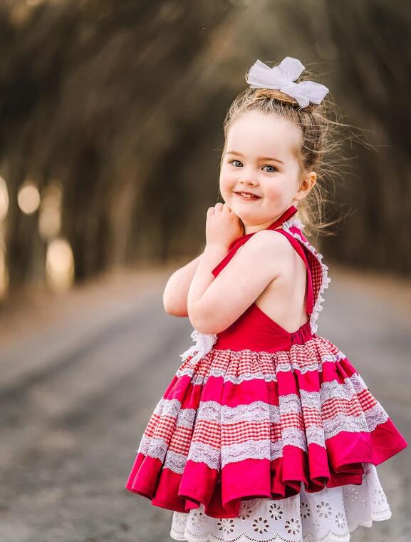 Pastoral Style 2020 Flower Girls Dresses For Wedding Red Satin Lace A Line Kids Formal Wear knee Length Multilayer Girls Pageant Dress