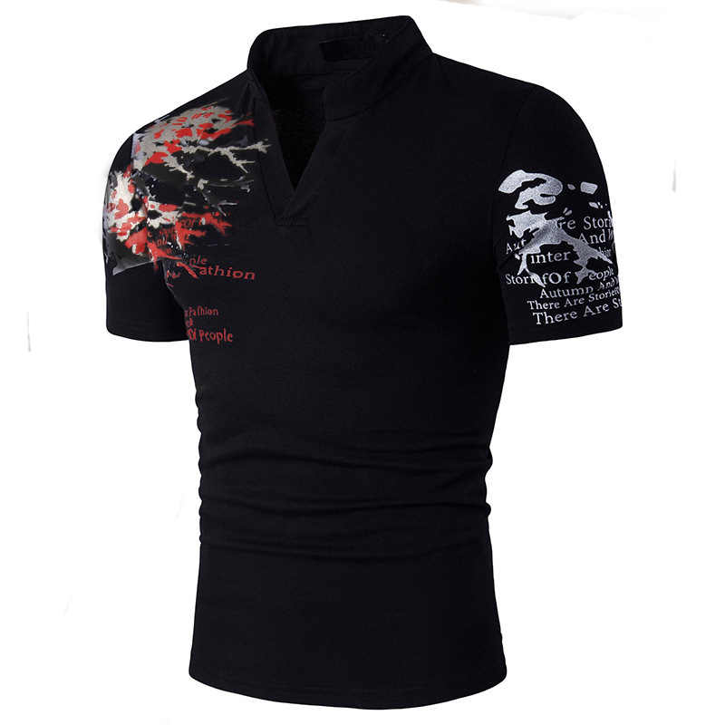 2020 Summer Mens Shirt Short sleeve Fashion V-neck cotton shirts slim Fit men Tops Casual Male Shirt Printed Tees