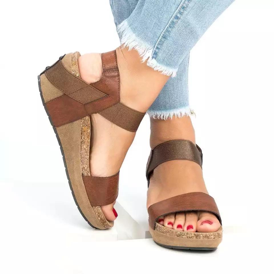 Hot Sale-Leopard high heel Female Shoes Bandage Flat Sandals Comfortable Large Size Shoes