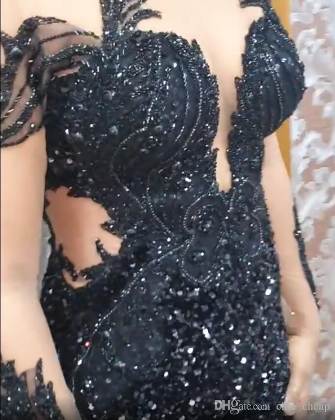 2020 Black Women Prom Jumpsuits Sheer Jewel Neck Lace Beads Pearls Crystal Pants Suit Evening Gowns Long Sleeve Robes De Soirée