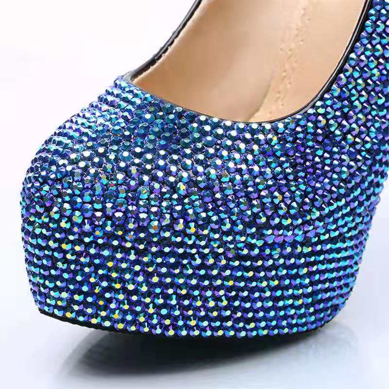 Shiny Full Blue Diomond Wedding Shoes Pumps High Heels Bridal Shoes 14cm Bling Bling Prom Shoes for Lady