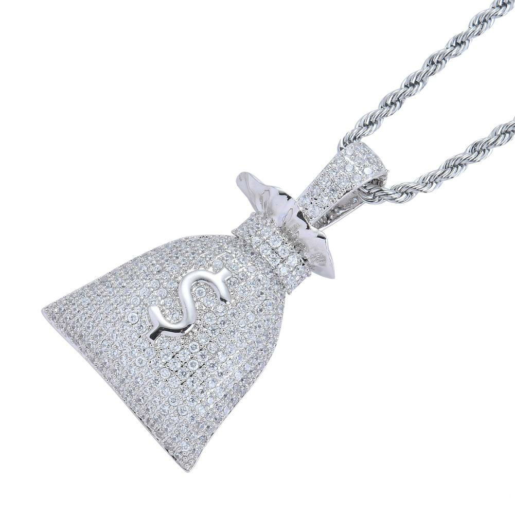 Hot 14K Gold Plated Dollar Sign Money Bags Pendant Necklace Micro Paved Zircon Bling Hip Hop Jewelry Gift