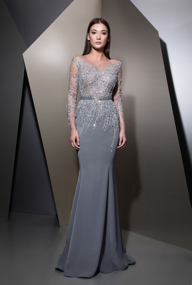2019 Mermaid Ziad Naked prom dresses sheer neck long sleeves Prom Dresses Floor Length Crystal Luxury Party Evening Gowns Custom