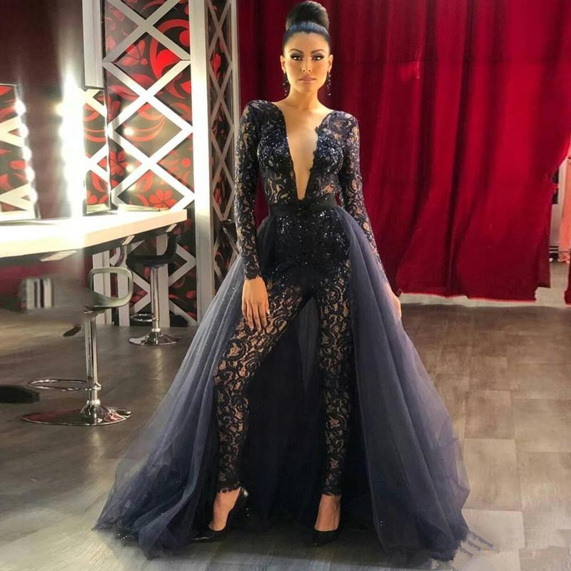Stunning Jumpsuit Lace Evening Dresses With Tulle Detachable Train Deep V Neck Beaded Prom Gowns Long Sleeves Sequined Formal Dress