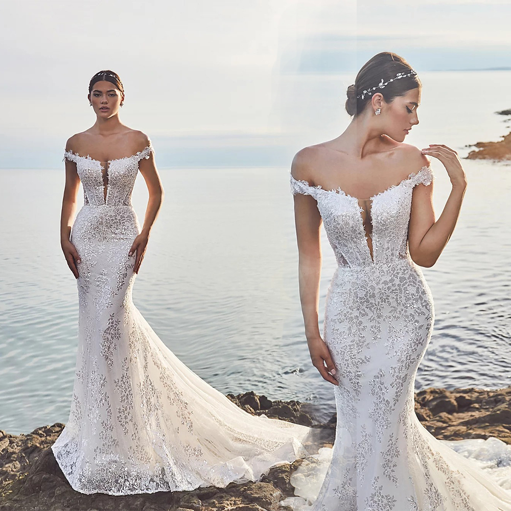 Sexy Mermaid Wedding Dresses Off Shoulder Sleeveless Appliques Beads Chiffon Sheath Wedding Dress Sweep Train Bridal Gown, Lavender
Sexy Mermaid Wedding Dresses Off Shoulder Sleeveless Appliques Beads Chiffon Sheath Wedding Dress Sweep Train Bridal Gown, Lavender