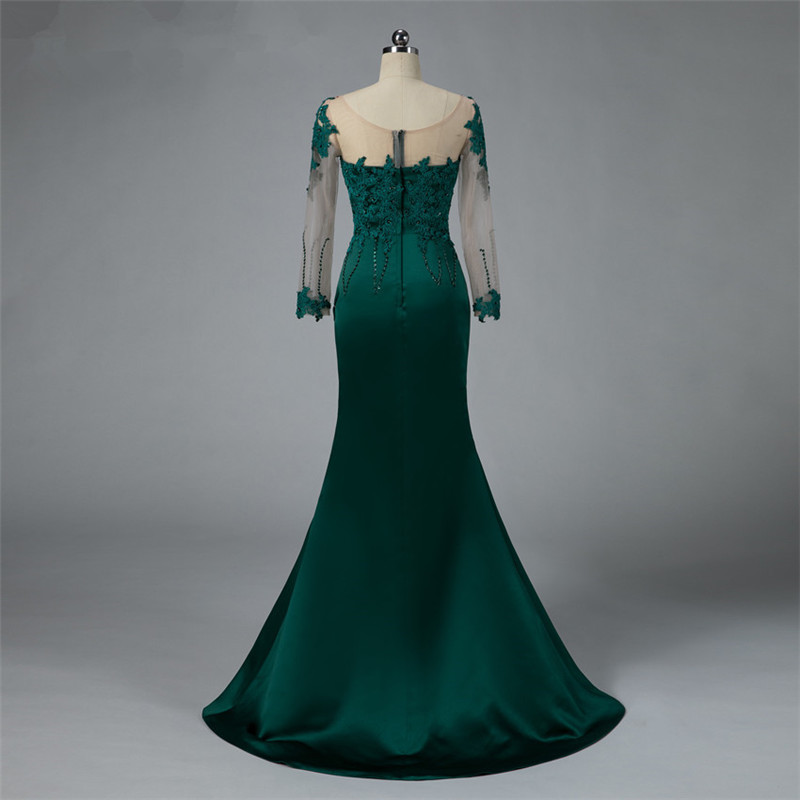 setwell dark green satin mermaid evening dresses custom side split gown detachable train long sleeves prom dress robe de soiree
