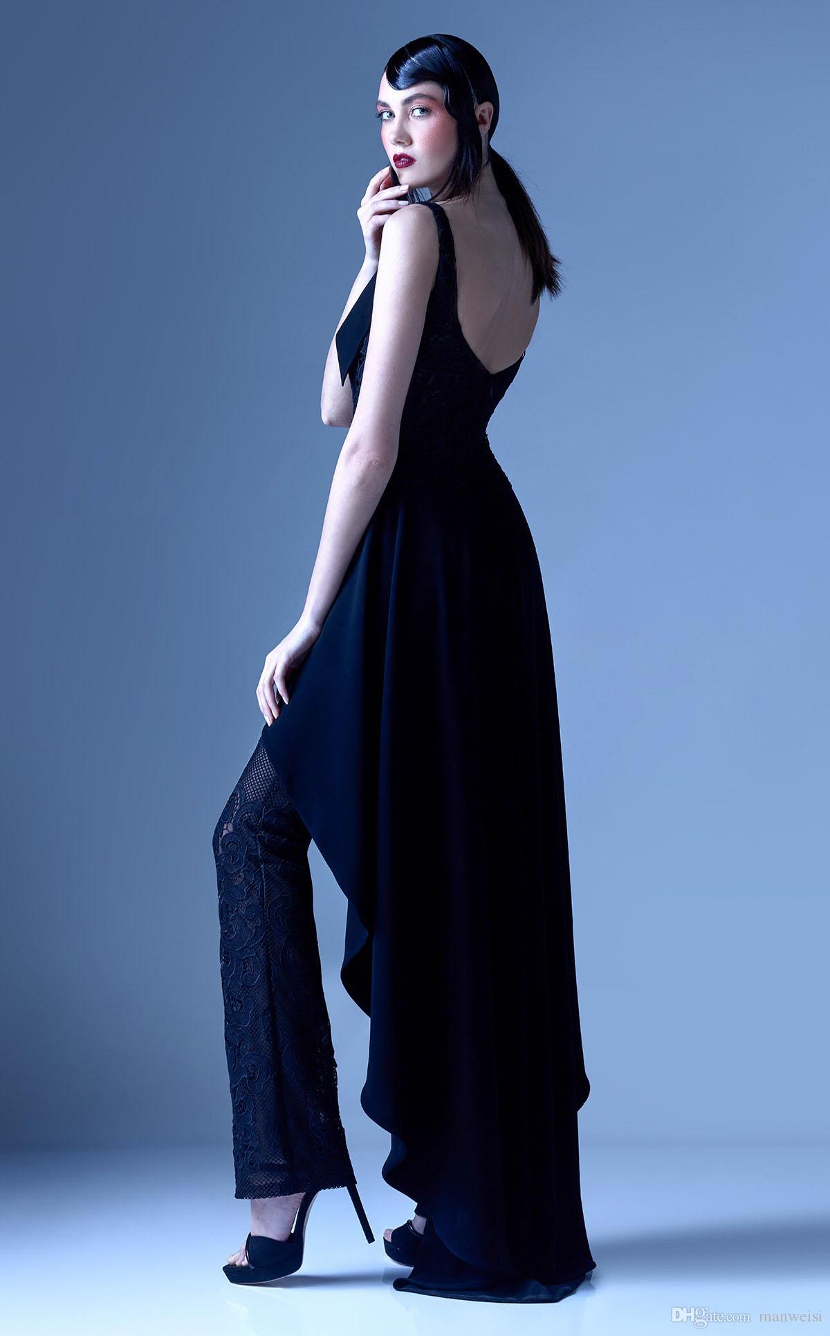 2020 Dark Navy Jumpsuits Prom Dresses Peplum V Neck Lace Appliqued Pants Dress Evening Wear Vintage Long Formal Party Gowns