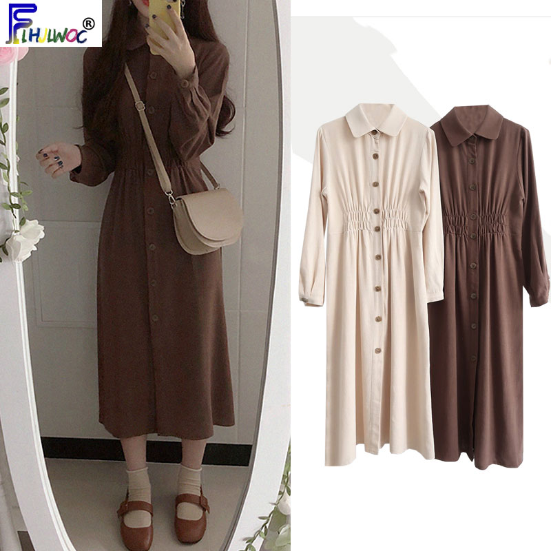 Vintage Dresses Long Autumn Winter Basic Wear Women Slim Waist A Line Beige Brown Button Shirt Dress Korea Style Design 8025
Vintage Dresses Long Autumn Winter Basic Wear Women Slim Waist A Line Beige Brown Button Shirt Dress Korea Style Design 8025
