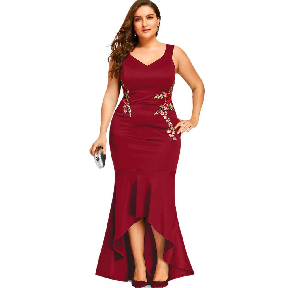 Plus Size Cheap Mermaid Prom Dresses V Neck High Low Evening Gown Apppliqued Floor Length Satin Formal Dress