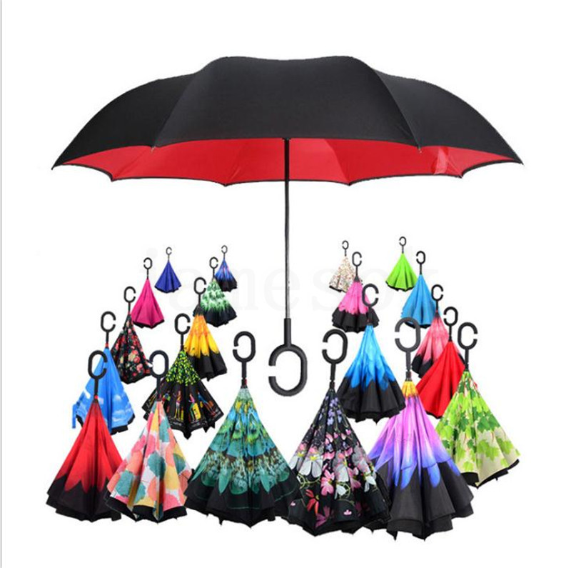 Newest Windproof Reverse Umbrella Folding Double Layer Inverted Rain Umbrella Self Stand Inside Out Rain Protection C-Hook Hands dc591