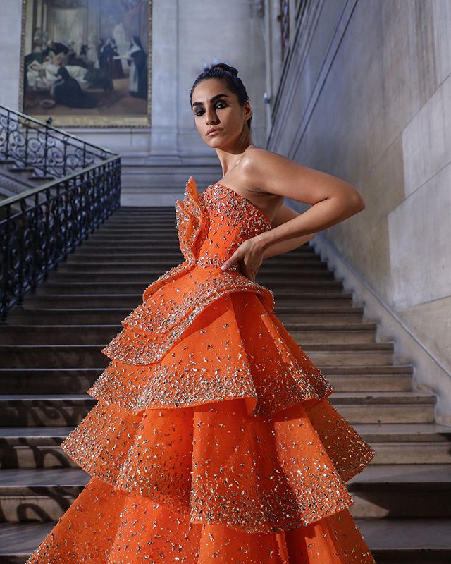 Newest Orange Prom Dresses Strapless A Line Tiered Skirts Bling Beads Evening Dress Party Wear Custom Made Formal Occasion Gowns