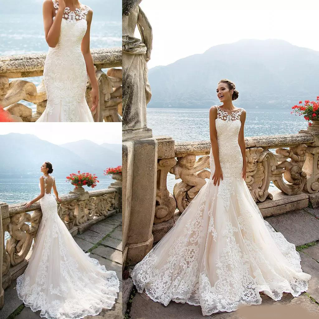 Sheer Mermaid Wedding Dresses Champagne Lining Bateau Neck Sleeveless Full Lace Appliqued Plus Size Bridal Gowns for Wedding