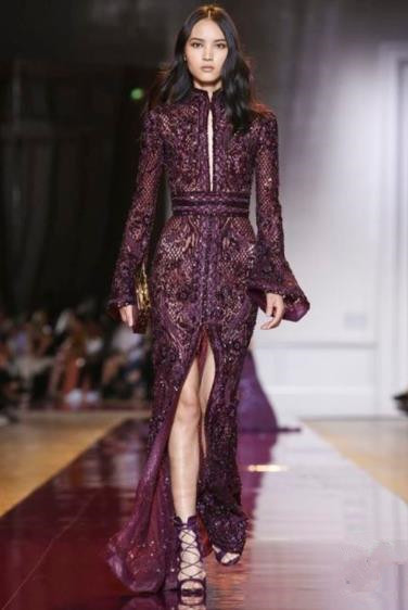 Ellie Saab Mermaid Prom Dresses Long Sleeves Front Split Formal Dress Evening Gowns Sequined Lace Floor Length Special Occasion Dress Long