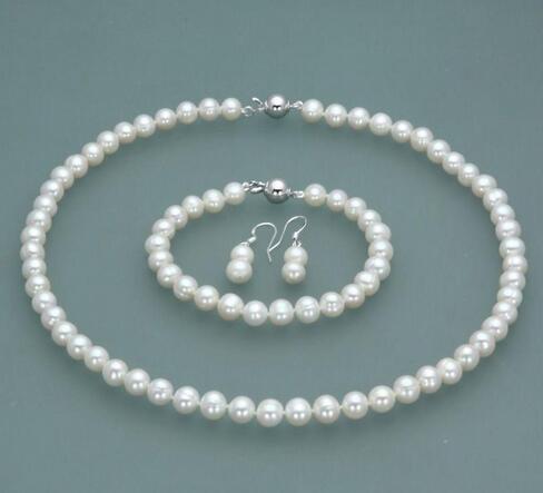 7-8mm Natural Akoya Cultured Pearl Necklace18'' + Bracelet8'' + Earrings Jewelry Set Seller informati