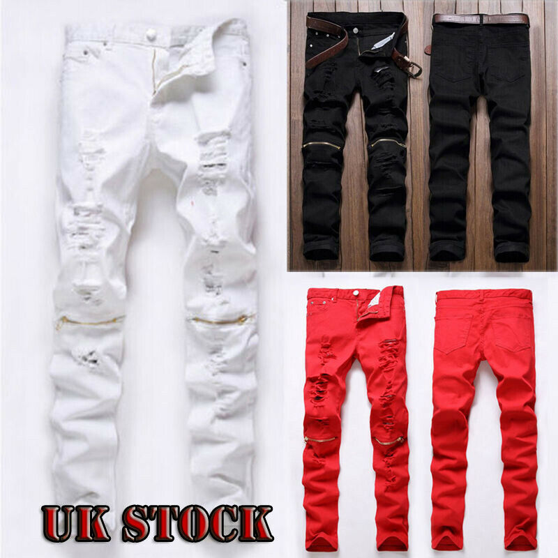 Men's Slim Fit Urban Straight Leg Trousers Casual Pencil Denim Cargo Pants, White