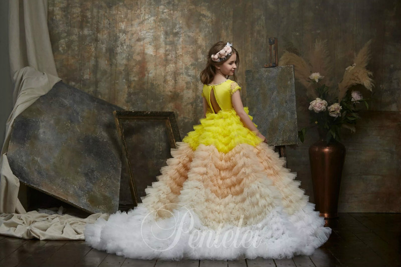 Dreamly Ball Gown Flower Girl Jewel Short Sleeve Hollow Crystal Bow Sash Tulle Tiered Pageant Dress Floor Length Girl's Birthday Part 0431