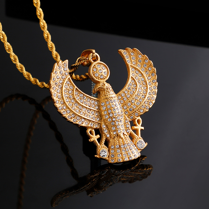 Full Rhinestone Inlay Eagle Pendants Necklace New Men Hip Hop 316L Stainless Steel 18K Gold Plated Jewelry