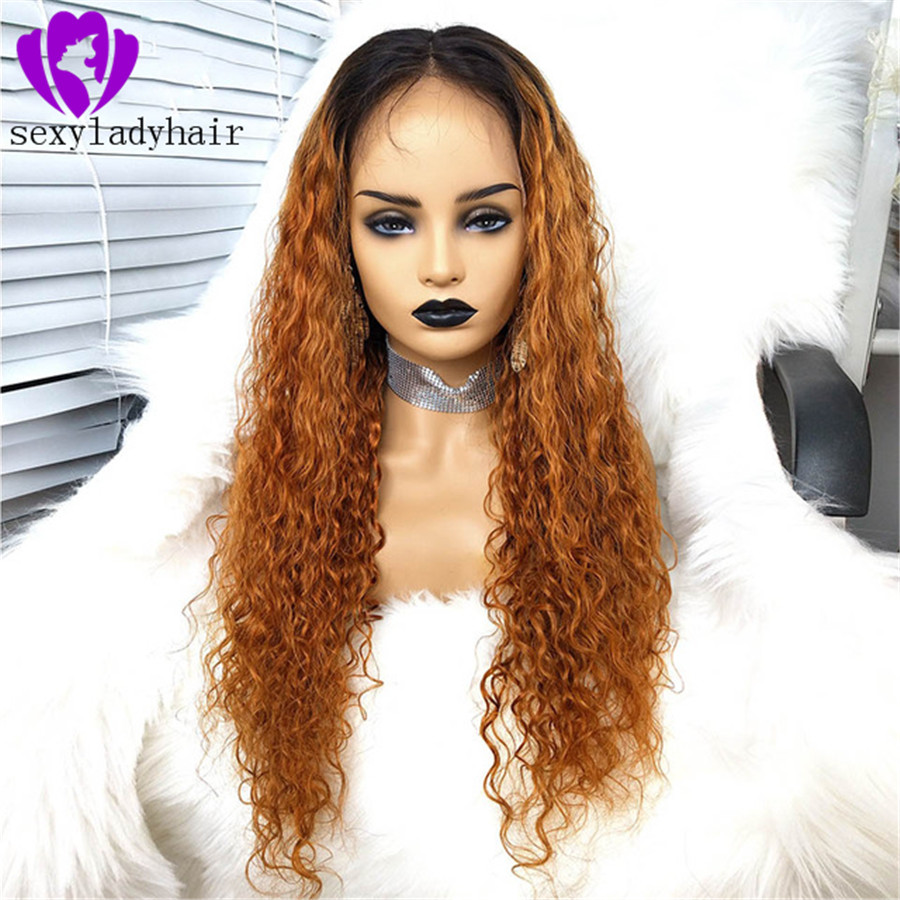 Deep part Ombre Color Kinky Curly Synthetic Lace Front Wig 180% Heavy Density Heat Resistant Fiber Long Curly full lace Wigs For Women