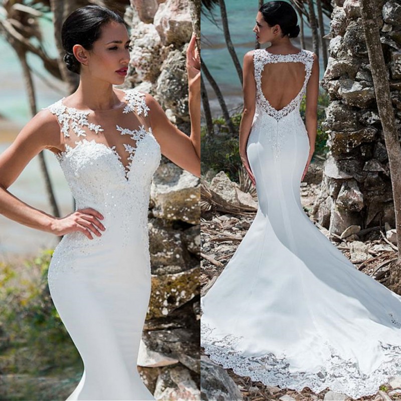 Mermaid Attractive Sequined Backless Wedding Dresses Sheer Bateau Neck Lace Appliqued Bridal Gowns Trumpet Plus Size Robe De Marie