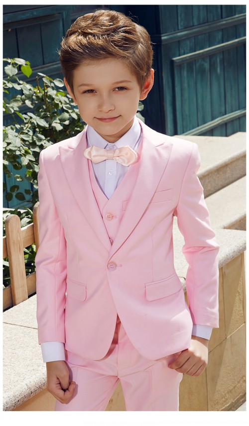 Handsome Pink Boys Formal OccasionTuxedos Peak Lapel Slim Fit Center Vent Kids Wedding Tuxedos Child Suit (Jacket+Pants+Tie+Vest) 223