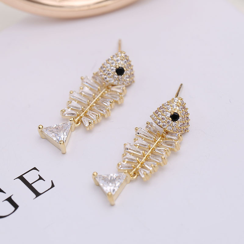 Shiny Bling Full Fish Skeleton S925 Silver Needle Dangle Drop Earrings White Zircon Gold Plated Earring Jewelry Wholesale