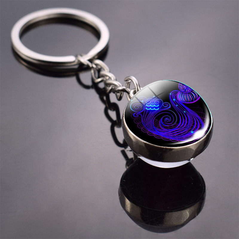 Glow In 12 Zodiac Sign Keychain Sphere Ball Crystal Key Rings Scorpio Leo Aries Constellation Birthday Gift for Women and Mens