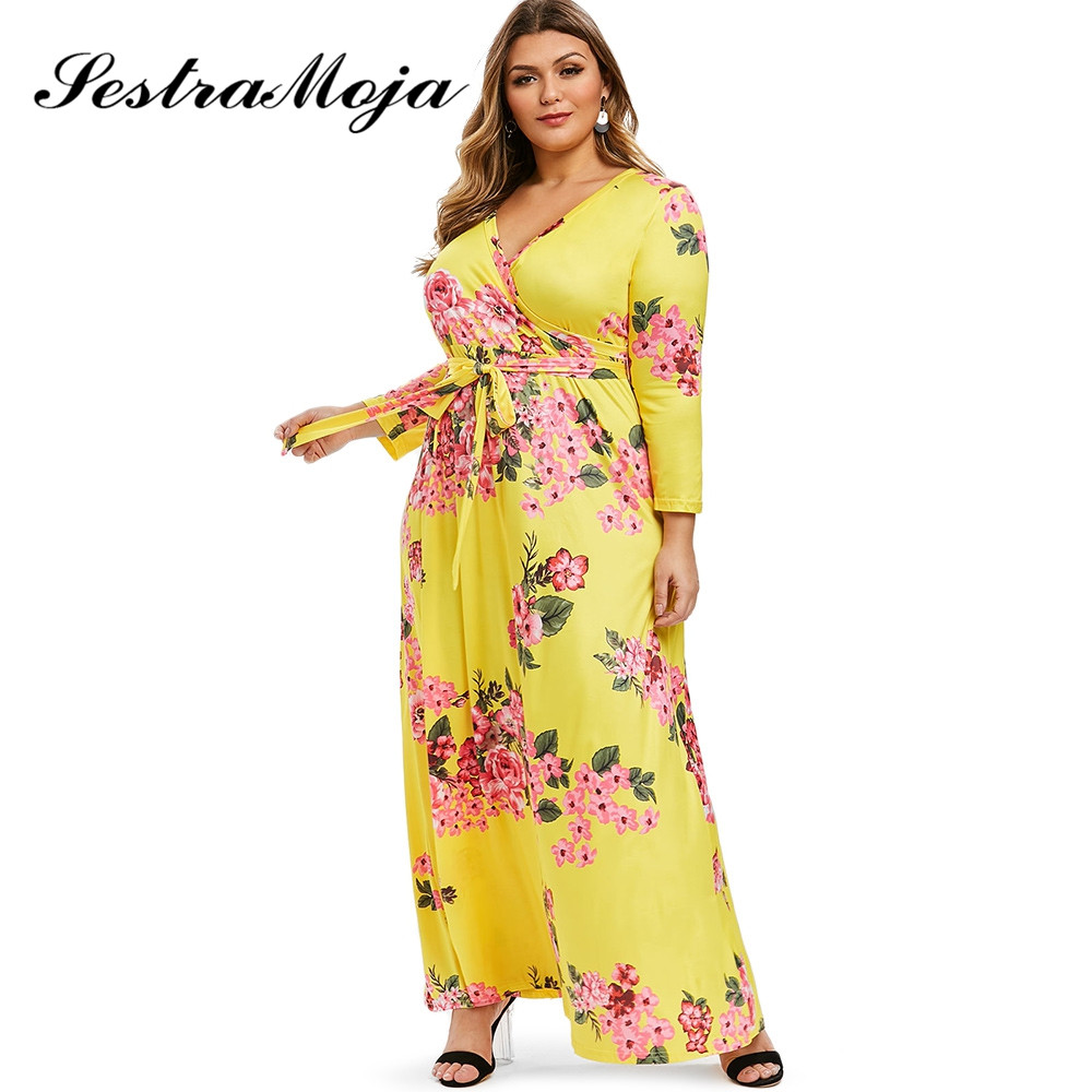 Sestra Moja Women Deep V-neck Sexy Dresses Floral Print Dress Belted Surplice Long Sleeves Ankle-Length Maxi Dress Plus Size, Yellow
Sestra Moja Women Deep V-neck Sexy Dresses Floral Print Dress Belted Surplice Long Sleeves Ankle-Length Maxi Dress Plus Size, Yellow