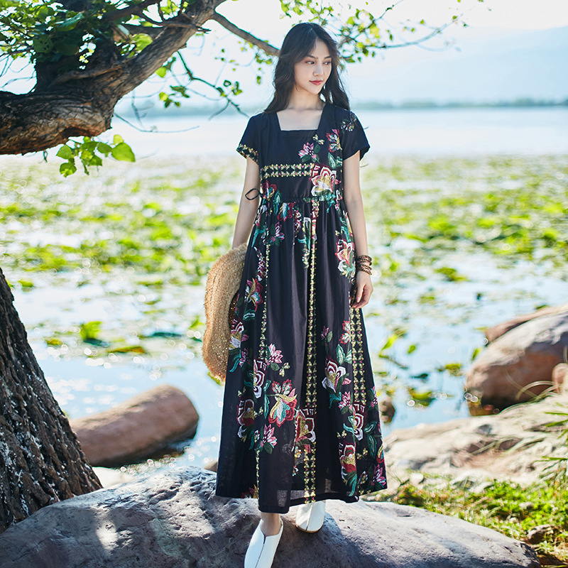 Summer Asian casual dress light thin cotton hemp lace waist closing Dress temperament square collar short sleeve big swing Robe