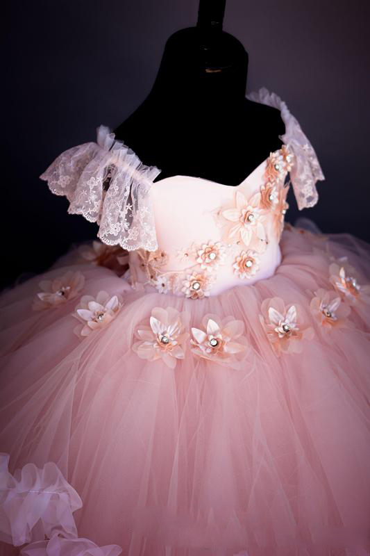 Pink Lace Beaded Flower Girl Dresses Ball Gown Hand Made Flowers Cheap Little Girl Wedding Dresses Vintage Girl Dresses Gowns