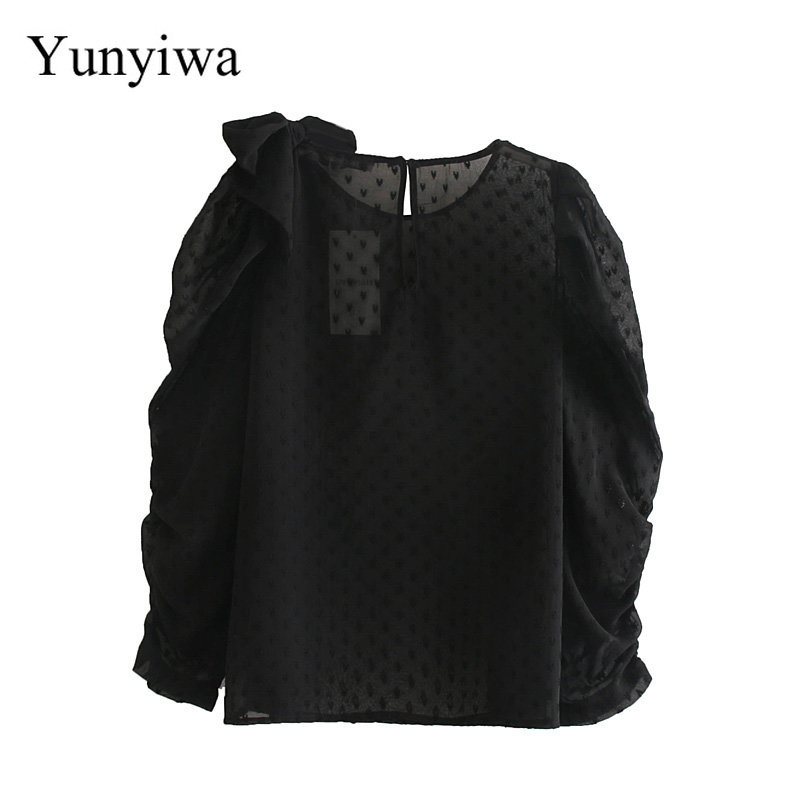 Women Sweet Bowknot Decoration Black Chiffon Blouse Office Lady Puff Sleeve Pleats Shirts Casual Kimono Femininas Tops, As picture
Women Sweet Bowknot Decoration Black Chiffon Blouse Office Lady Puff Sleeve Pleats Shirts Casual Kimono Femininas Tops, As picture
