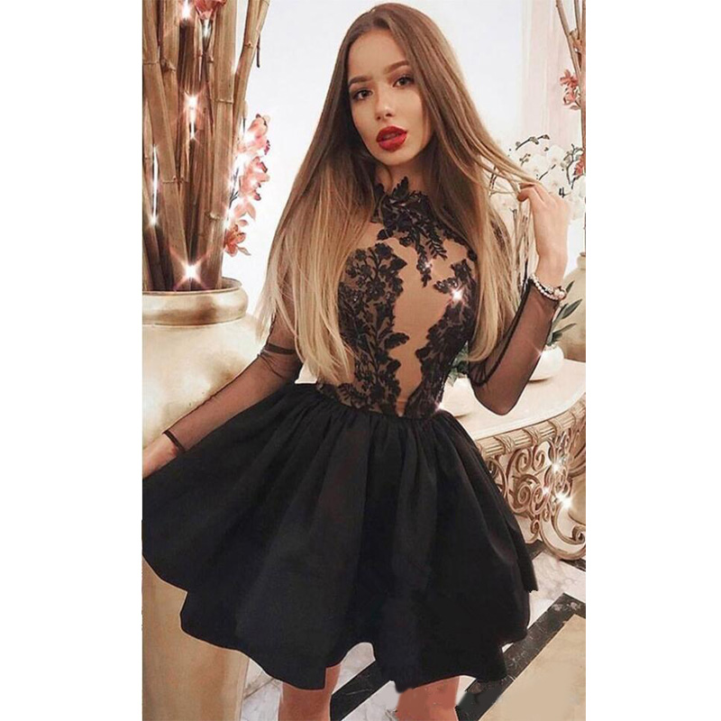 Black Cocktail Party Dresses Illusion Long Sleeves Lace A-Line Homecoming Dresses Tulle Applique Layered Ruffle Short Prom Dresses Plus Size