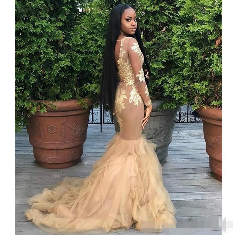 Sexy Gold Illusion Prom Dresses Long Sleeves Lace Applique Beaded Tulle Sweep Train Tiered Skirt African Black Girl Formal Evening Gowns
