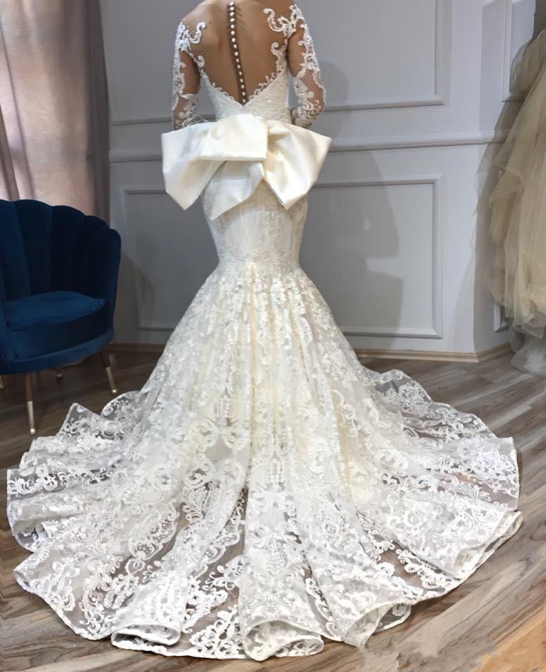 arabic mermaid lace wedding dresses long sleeve vintage appliqued beads bridal gowns sweep train wedding dress with bow
