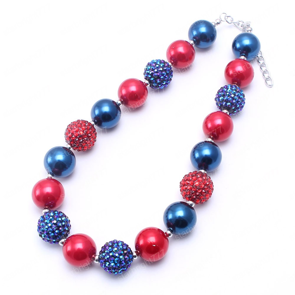 Red+Navy Color Kid Chunky Necklace Fashion 4th July Girl Children Bubblegom Bead Chunky Necklace Fashion Party Gift