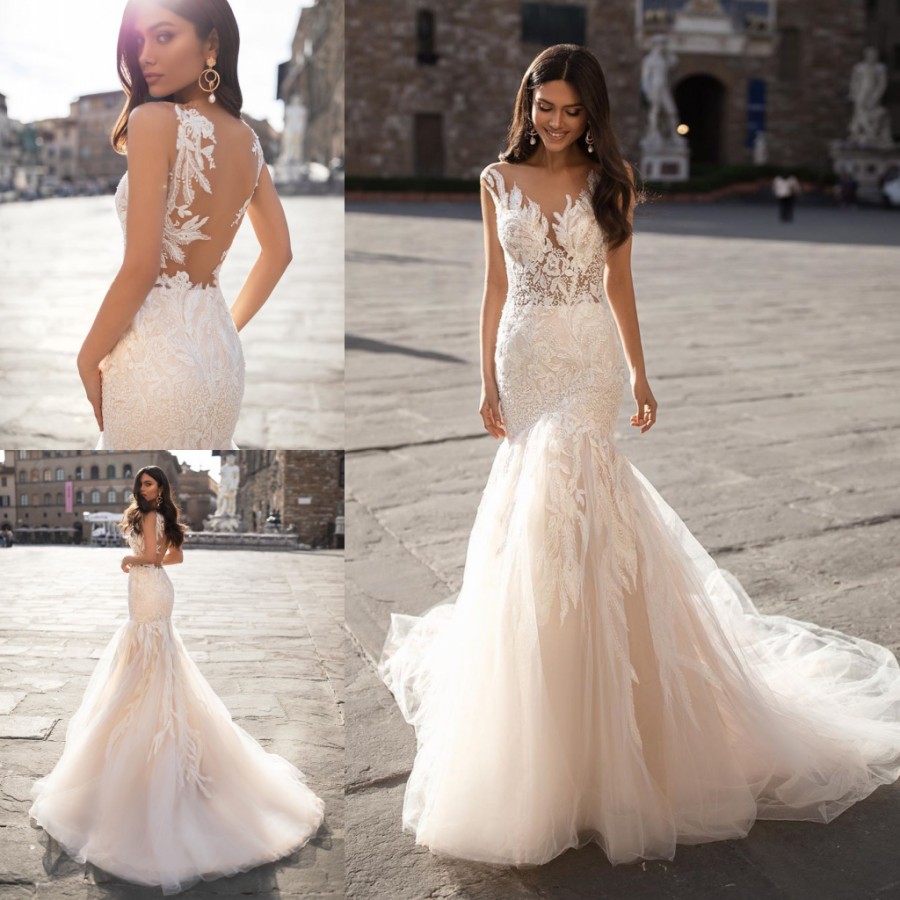 Mermaid Lace Graceful Wedding Dresses Sheer Bateau Neck Appliqued Backless Bridal Gowns Tulle Sweep Train Trumpet Robe De Marie