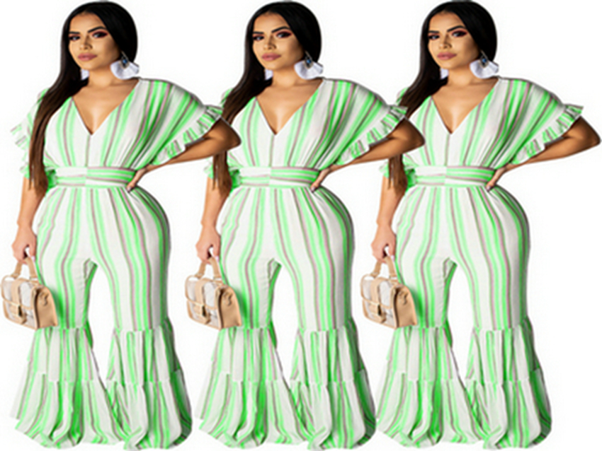 Jumpsuits European spring and summer temperament women's print large swing sleeve striped jumpsuit support mixed batch