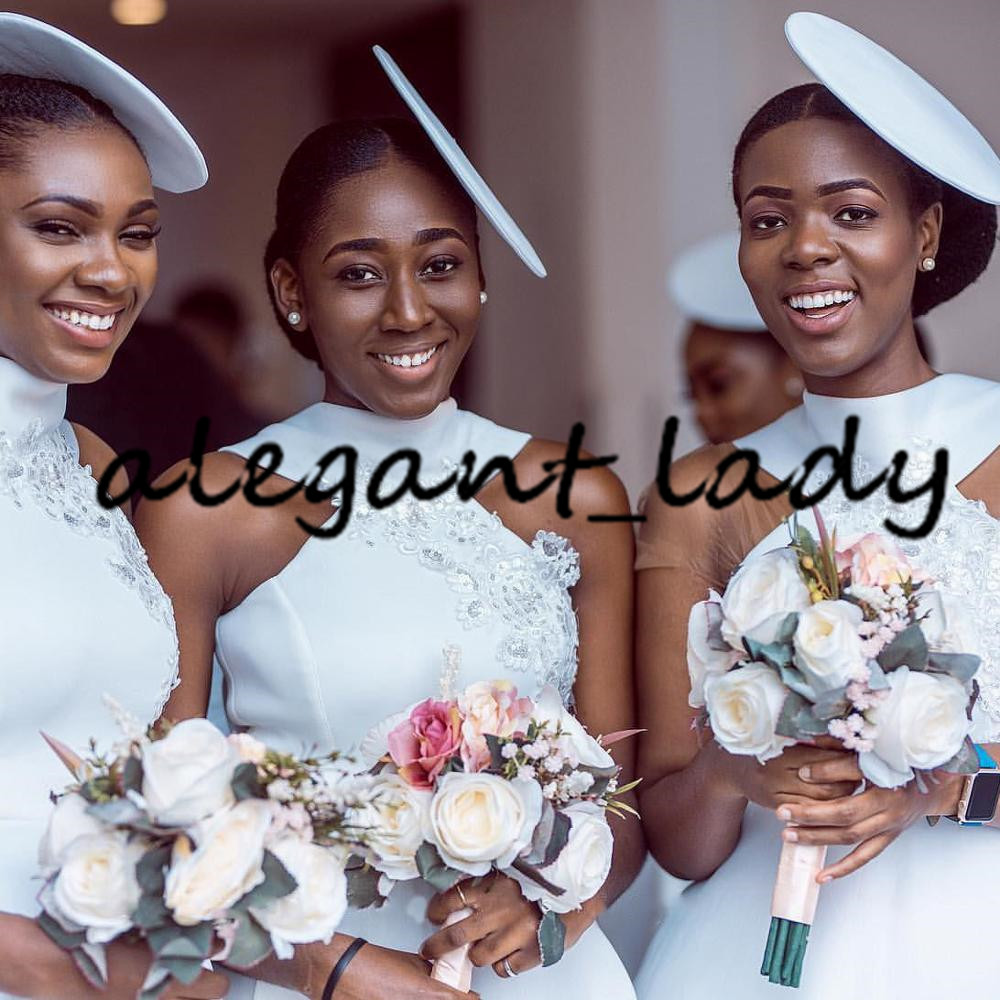 Tea-length Stain Bridesmaid Dresses with Bow 2020 African Halter Lace Sequins Plus Size Beach wedding guest gown Vestidos De Fie