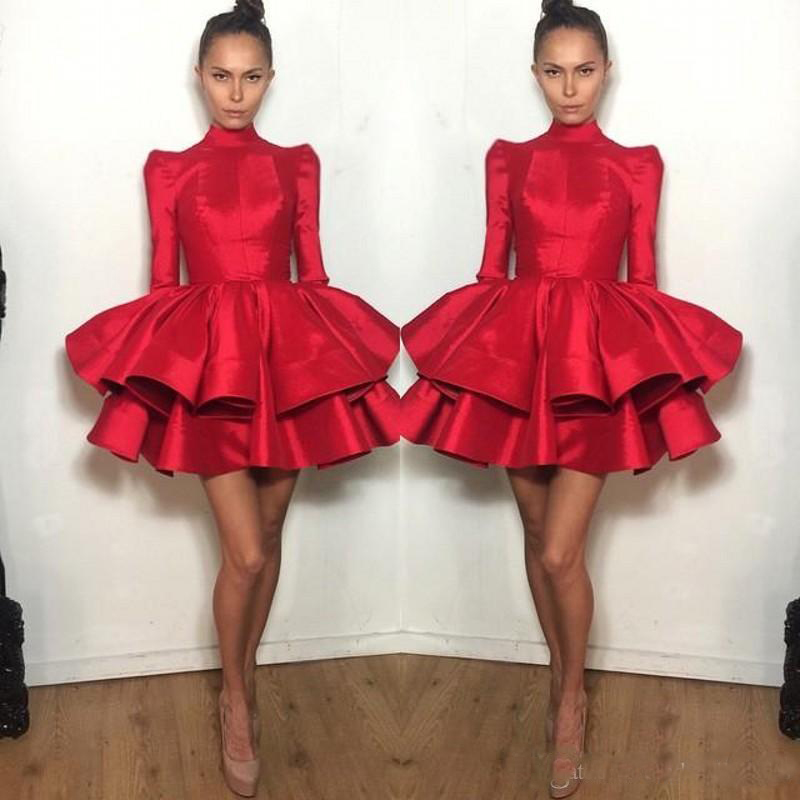 Fashion Short Graduation Dresses Red With Long Sleeve Tiered Ruffled Michael Costello Prom Dress Girls Cocktail Dress