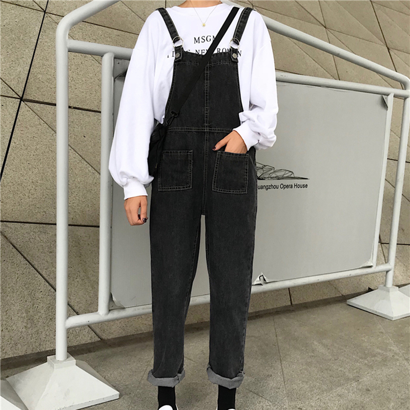 womens jeans femme 2019 nouveau Spring autumn jean Slim High waist Loose Straight pants women strap Overalls ladies jeans Korean, Black