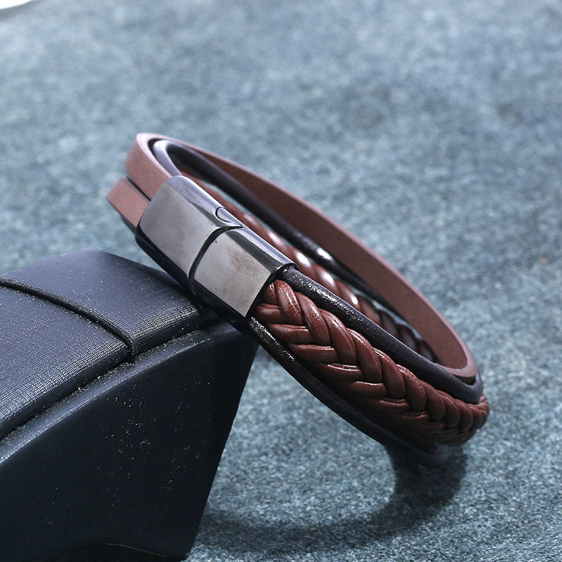 Simple Handmade Weave Multilayer Leather Stainless Steel Charm Bracelets Black Brown Rock Bangle Jewelry For Women Men