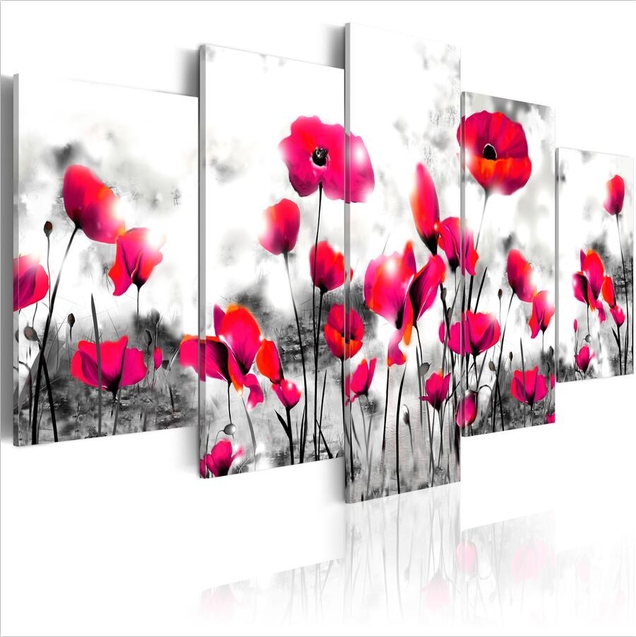 ( No Frame)5PCS/Set Modern Wilderness Poppy Flower Art Print Frameless Canvas Painting Wall Picture Home Decoration