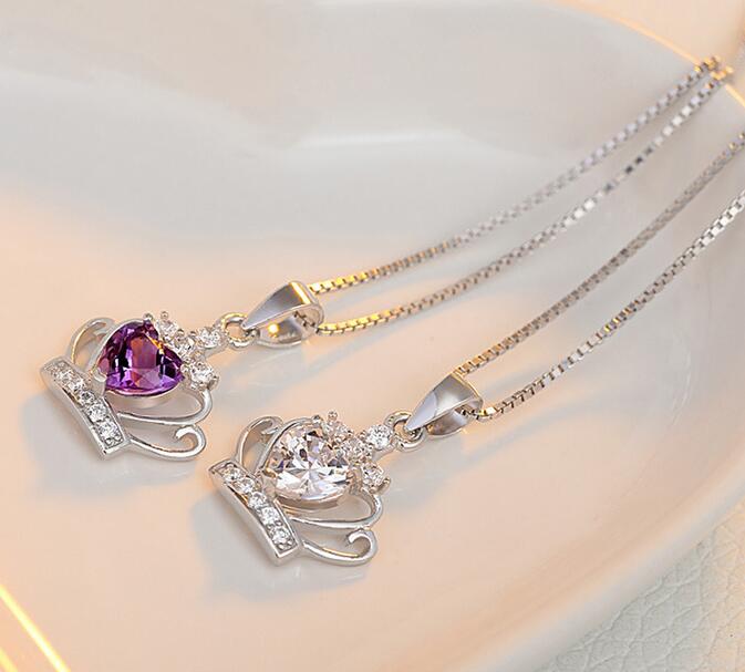 925 Sterling Silver Jewelry Austrian Crystal Crown Wedding Pendant Purple/Silver Water Wave Necklace GB1460