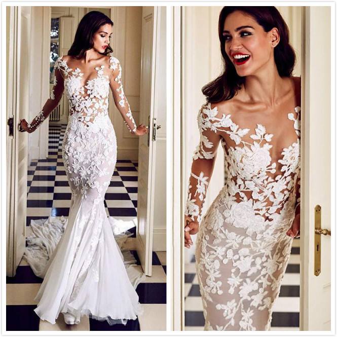Mermaid Lace Sexy 2019 Wedding Dresses Sheer Neck Long Sleeves Illusion Arabic Bridal Dresses Vintage Wedding Gowns
